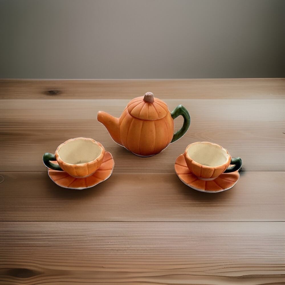 Vtg Miniature Pumpkin Teapot Ceramic Hand Painted Set of 3 Whimsical Fall Decor